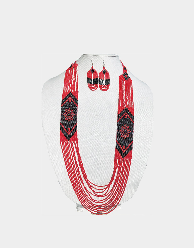 Multistrand Beaded Jewelry Set Red-Black Embroidered Seed Beaded Jewelry Set