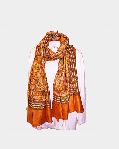 Golden Silk Kantha Embroidered Scarf, Lightweight Designer Scarf
