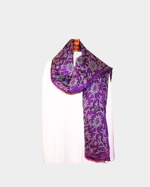Embroidered and Printed Silk Scarf, Designer Purple Scarf