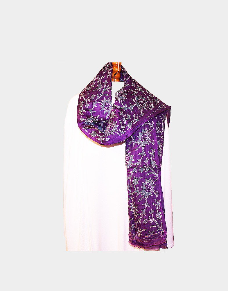 This purple & grey silk scarf is uniquely color dyed, then block printed and embroidered surrounding printed motifs to give a nice relief. Free shipping at Craft Montaz.