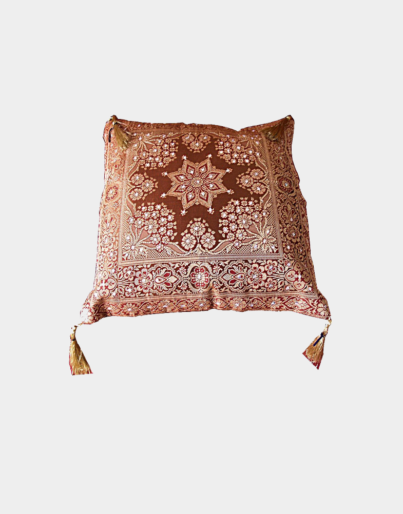 Sewn on dark brown silk, these brocade sequined cushion covers exemplify the intricate silk thread work of skilled Indian craftsmen and women. Free shipping!!