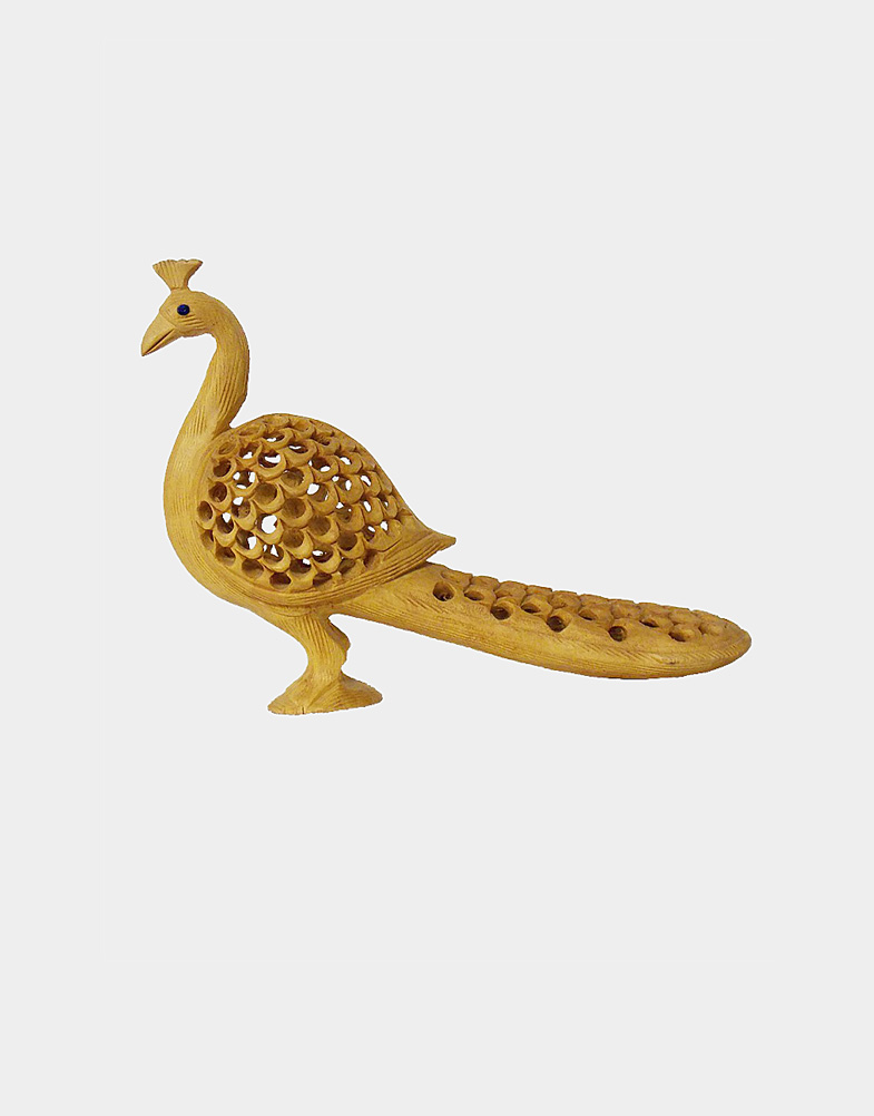 Peacock is the national bird of India and this signature art of peacock is fully hand carved on yellowish brown kadam wood with traditional open jali architecture.