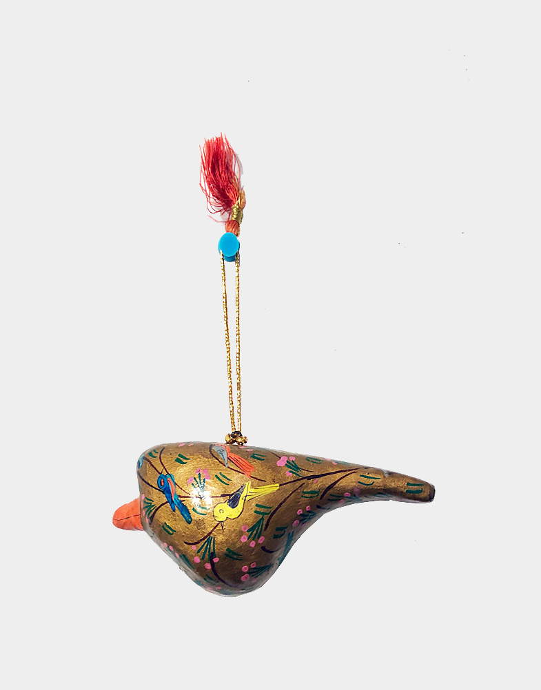 The papier mache ornaments are painted gold, and then skillfully decorated with colorful birds perched in tree branches. They hang from golden cords. Free shipping!!