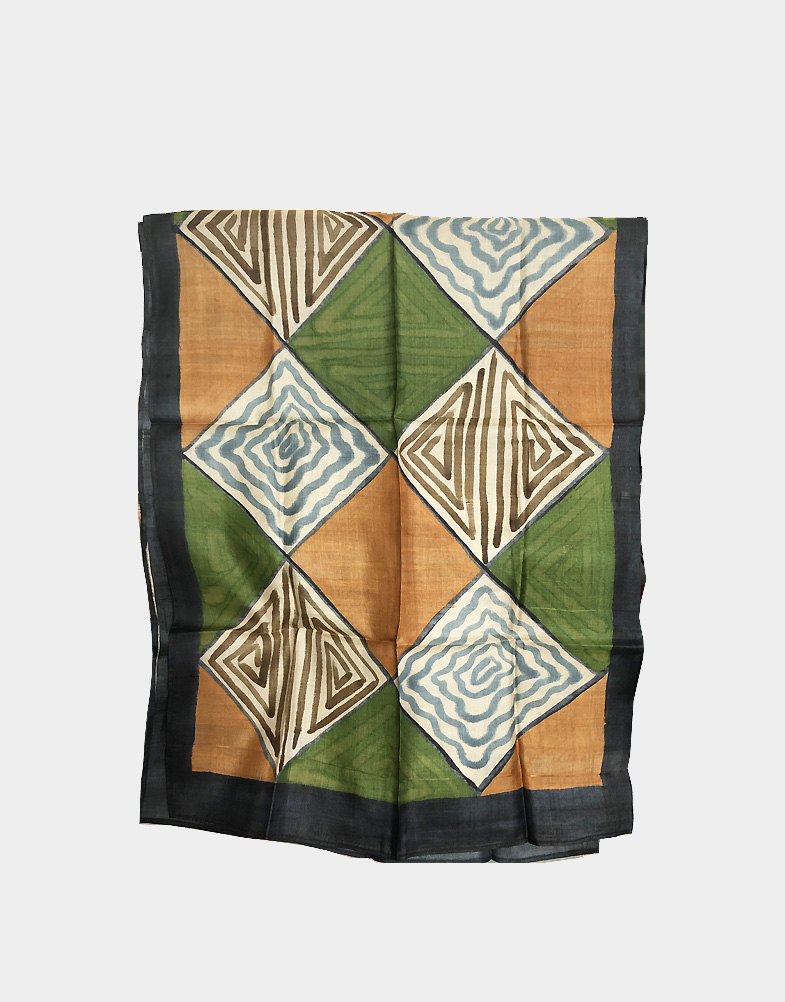 BROWN AND GREEN HAND PAINTED SILK SCARF-A