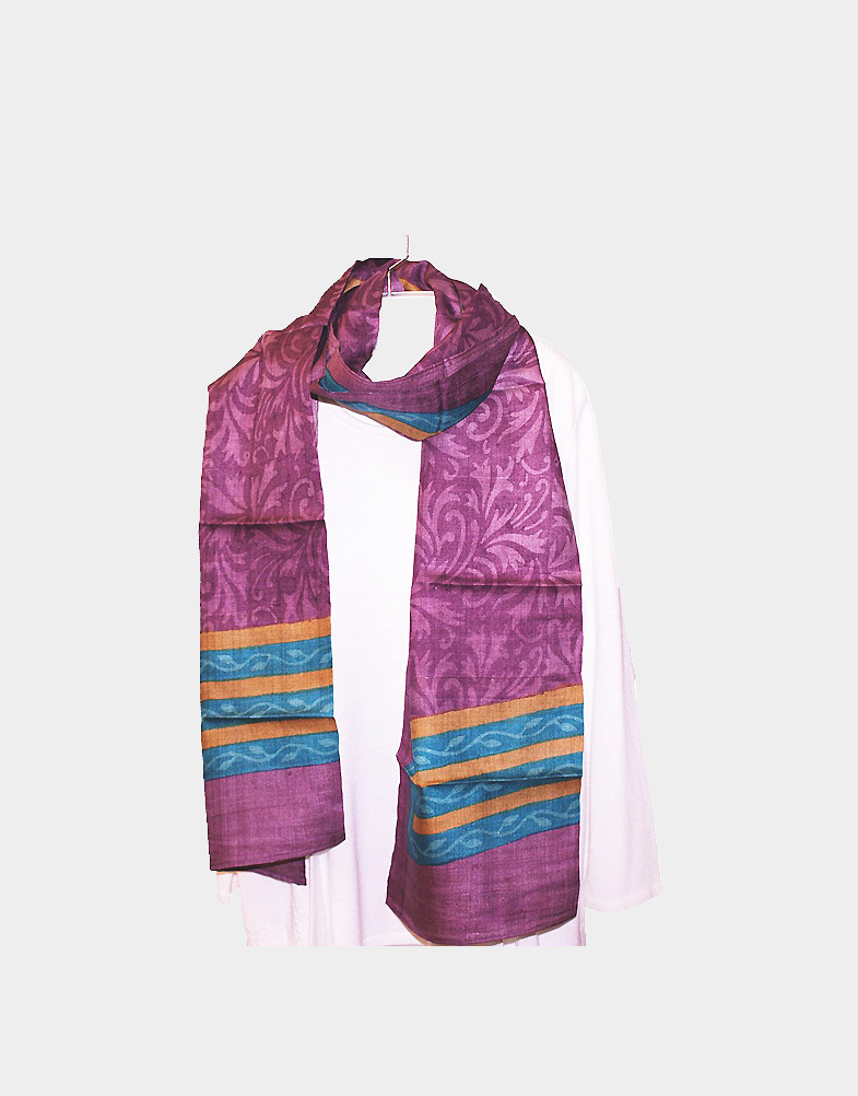 A purple tassar silk scarf with traditional Indian flower motif on it - this fashion scarf can go with any kind of outfits. Free shipping at Craft Montaz.