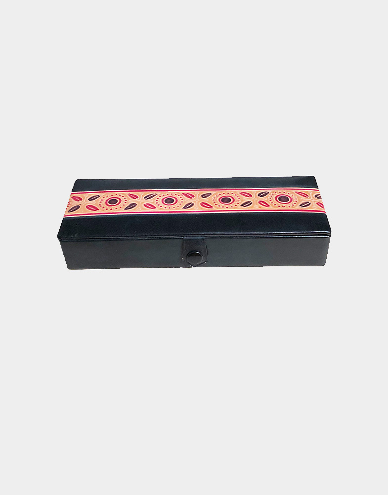 Black leather pencil box with colorful embossed design on top, button to close. Colorful Indian motif embossed on top surface made with vegetable dye. Free shipping