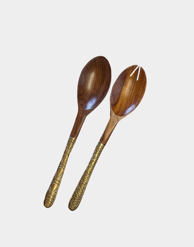 This nice polished wooden salad serving spoon set is made of weather resistant wood and the handles are crafted with brass metal. Shop with free shipping.