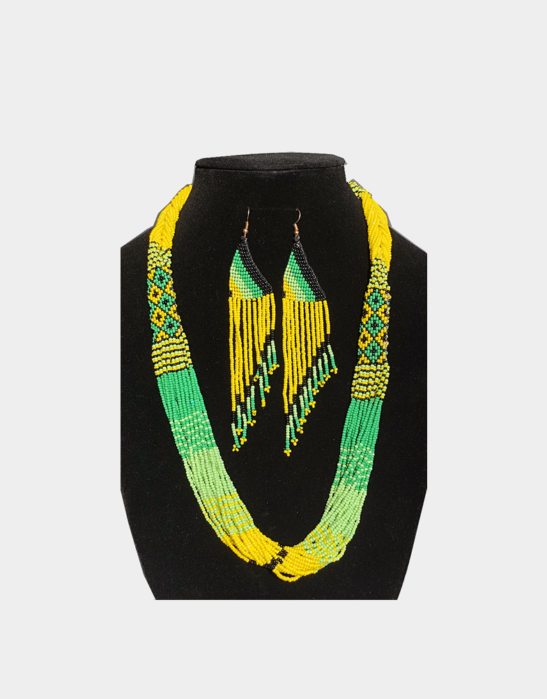 This fashionable necklace set is made by Kuki tribe women of Nagaland, India with small neon yellow, black and green beads, woven in intricate pattern. Craft Montaz