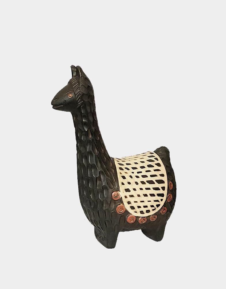 This cute animal figurine (Llama) pottery made by an artisan from Peru, is fully handcrafted and painted in cream & black color. Signed by the artist Rogger Crisanto.