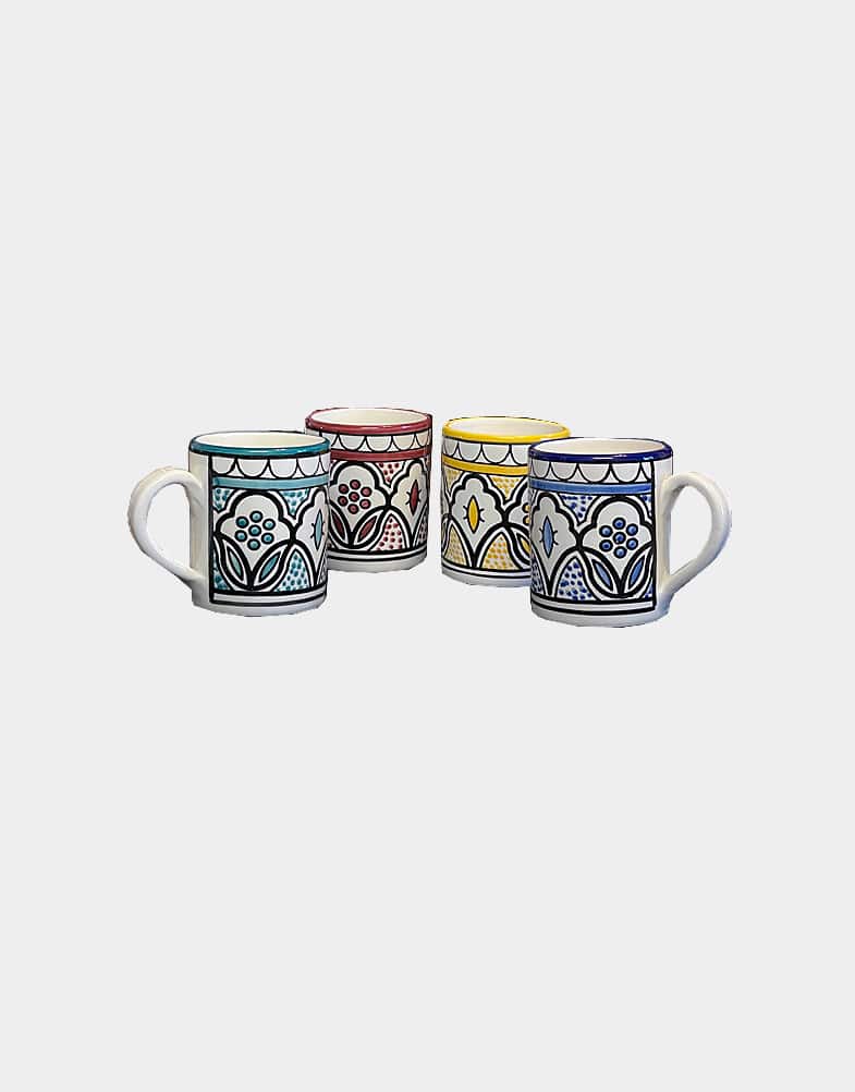 Each mug is hand painted with ceramic high gloss glaze in four different color with teal jasmine, maroon jasmine, yellow jasmine and blue jasmine flower motif.