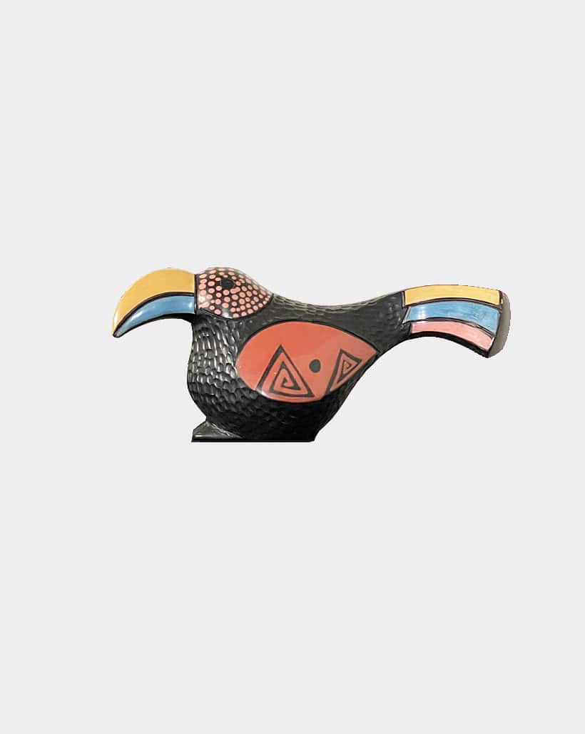 This beautiful pottery animal art is made by artisan from Peru, fully handcrafted and painted in yellow, blue, red and black color. Singed by the artist. Buy now!