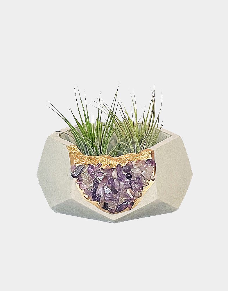 These are hand poured crystal concrete planters are hardy but dainty and incredibly unique; ornamented with amethyst crystal and other with green gemstones.