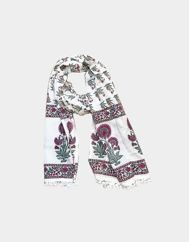This elegant soft cotton scarf is hand block printed by artisans in Rajasthan, India. This handmade scarf features a beautiful floral print in maroon with border.